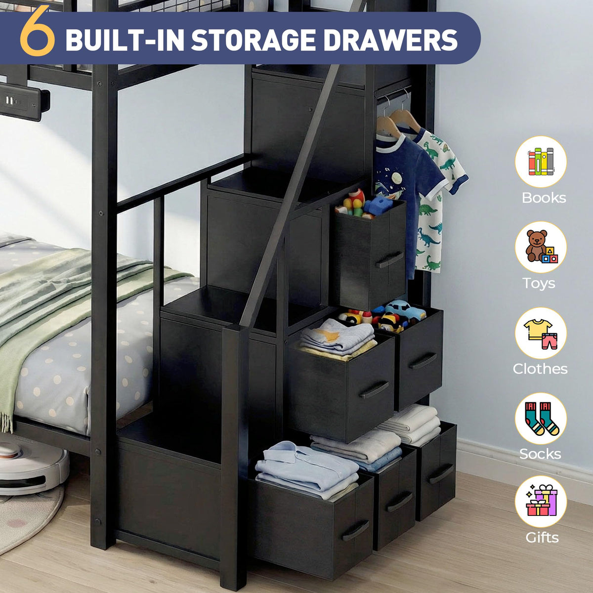 Black Metal Twin Over Twin Bunk Bed with Storage Stairs P50729