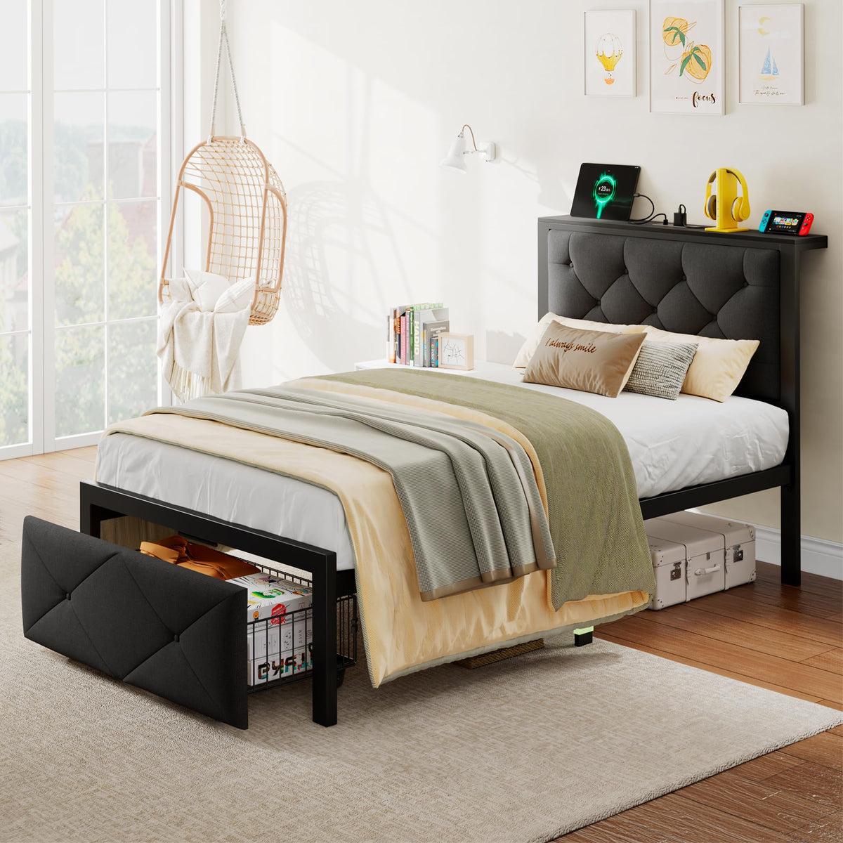 Black Twin Bed Frame with Storage Drawers F543