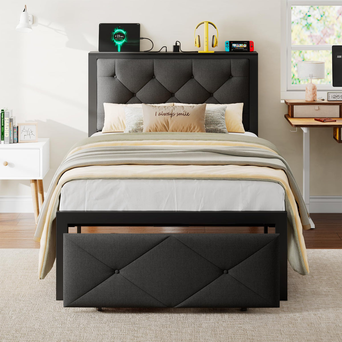 Black Twin Bed Frame with Storage Drawers F543