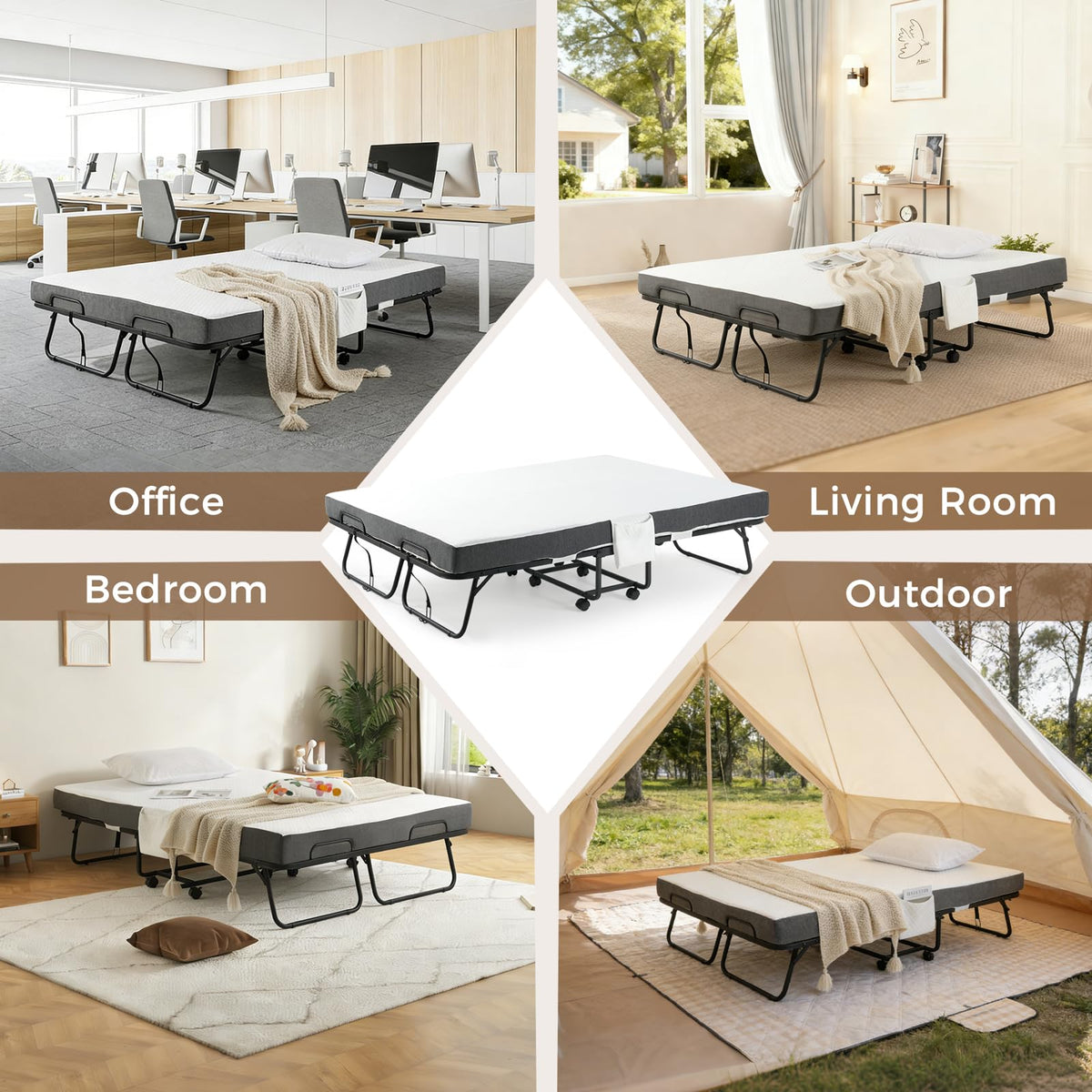 Folding Rollaway Guest Bed with 8 Casters and 6" Memory Foam Mattress H2501