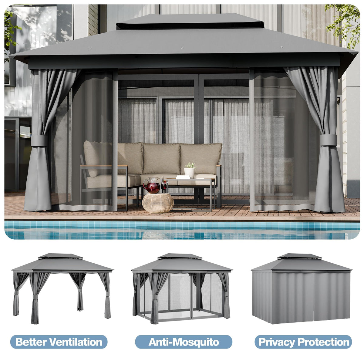 10x13 Outdoor Gazebo with Mosquito Netting and Privacy Screens J8178