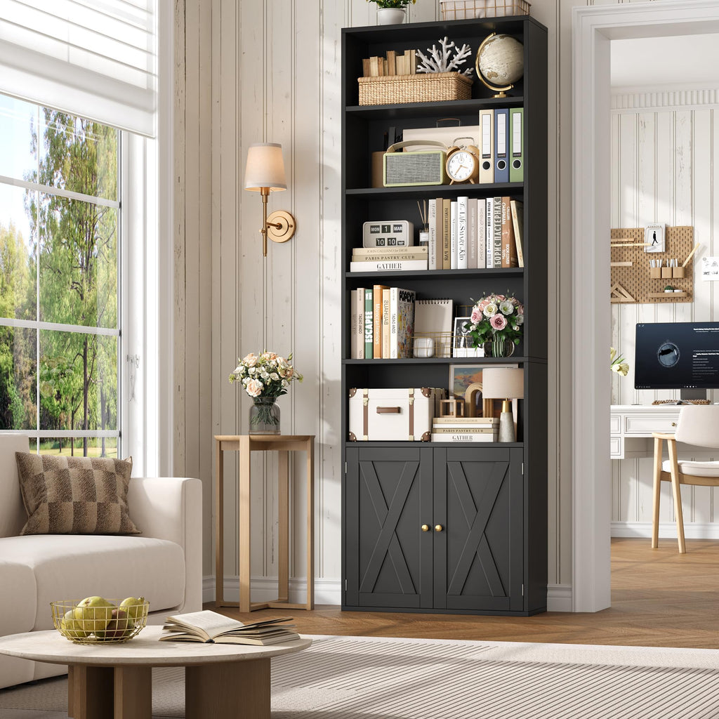 82" Tall Black Bookcase with Doors D3011