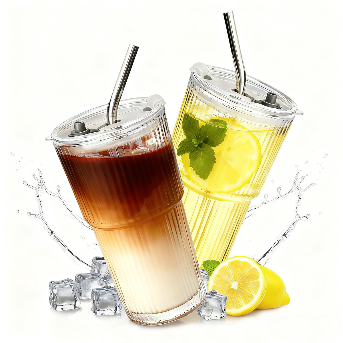 2 Packs Ribbed Glass Tumbler with Lid and Straw 16 oz U686