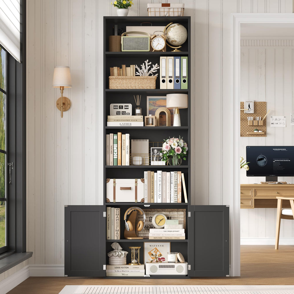82" Tall Black Bookcase with Doors D3011