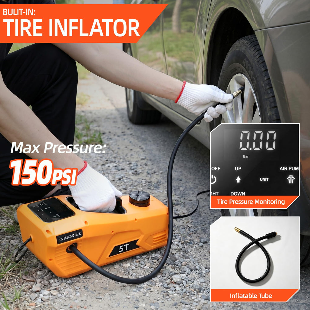 5 Ton 12V Electric Car Jack Kit with Impact Wrench and Tire Inflator Pump E7221