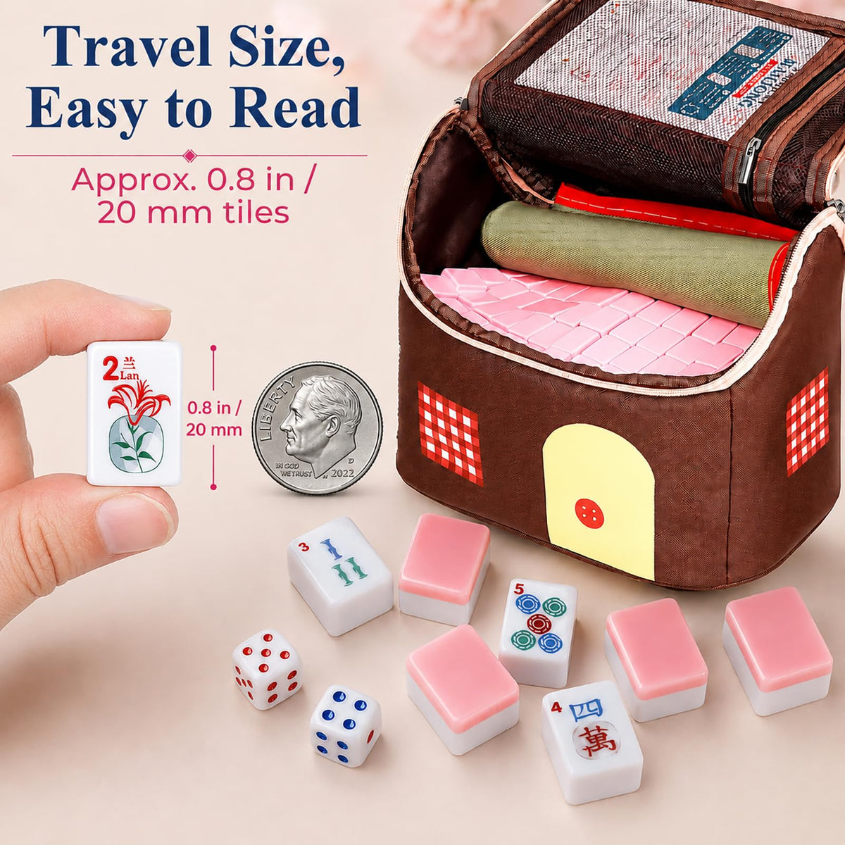 American Mahjong Set 166 Mini 0.8-Inch Tiles 4 Racks Pink F799