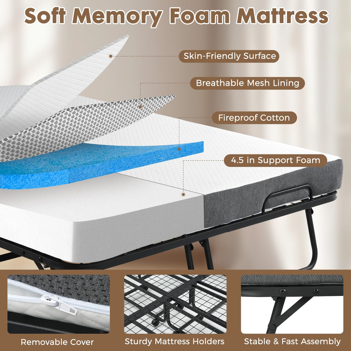 Folding Rollaway Guest Bed with 8 Casters and 6" Memory Foam Mattress H2501