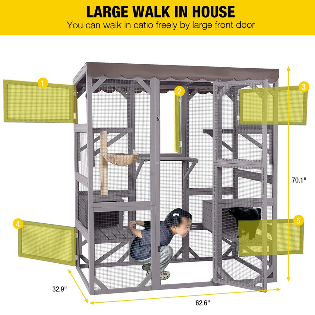 Outdoor Catio Cat Enclosure with 7 Platforms Grey A7868