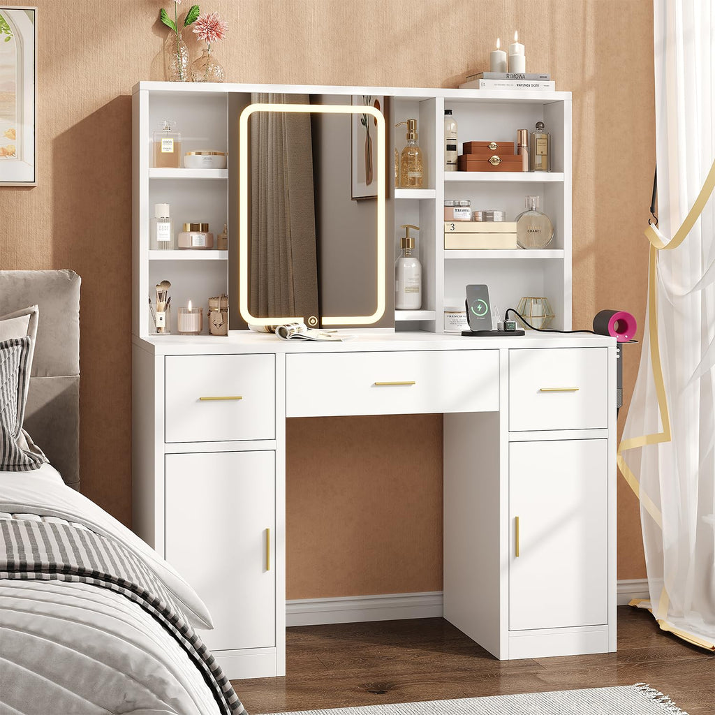 White Vanity Desk with Sliding Mirror and LED Lights N355579