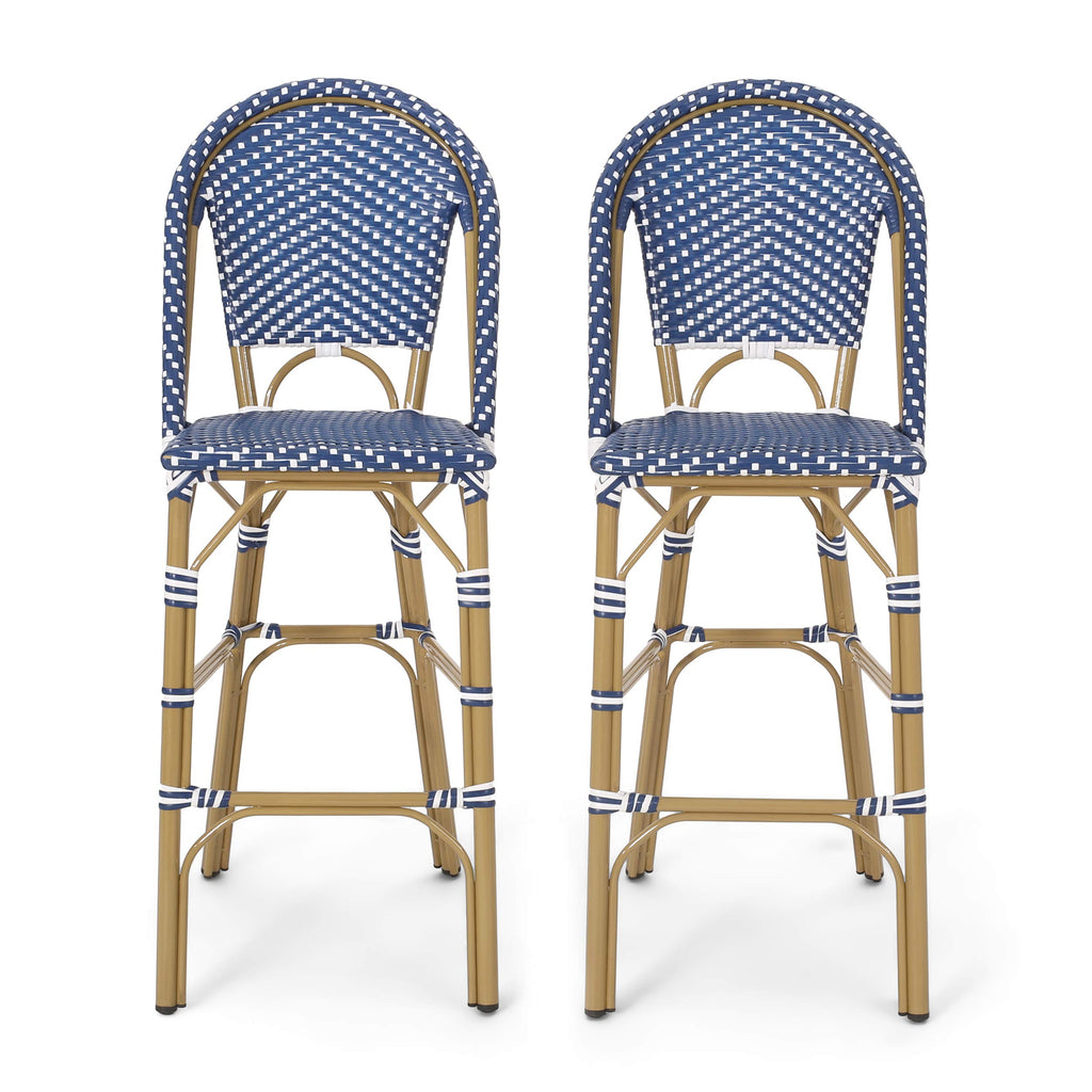 29.5" Outdoor PE Rattan Bar Stool, Dark Teal and White, Set of 2 C40327
