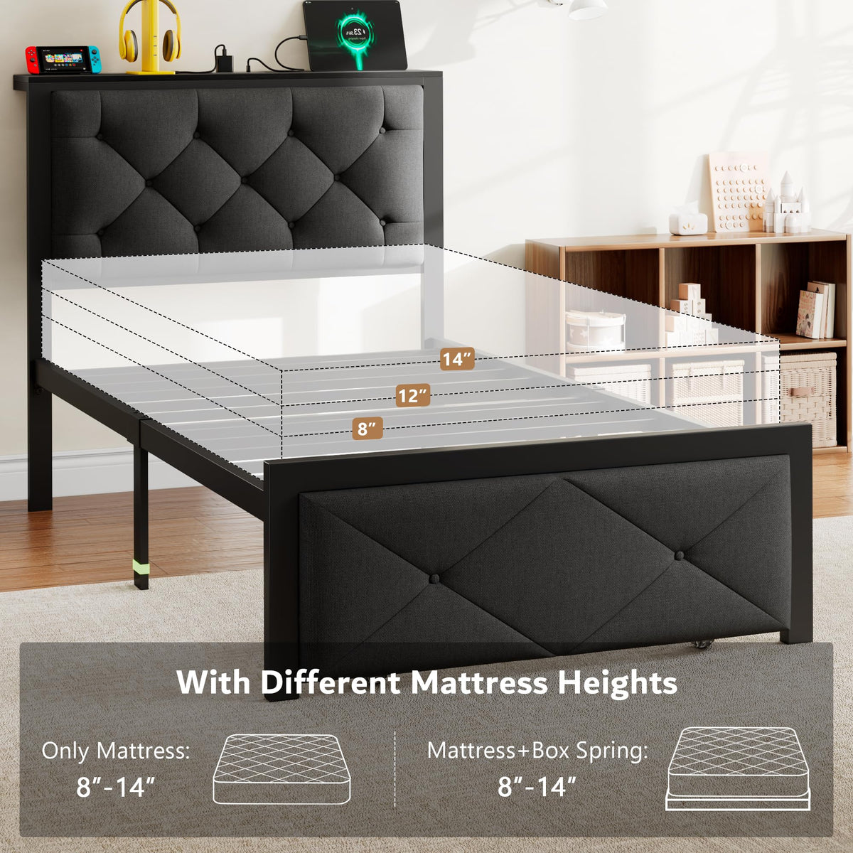 Black Twin Bed Frame with Storage Drawers F543