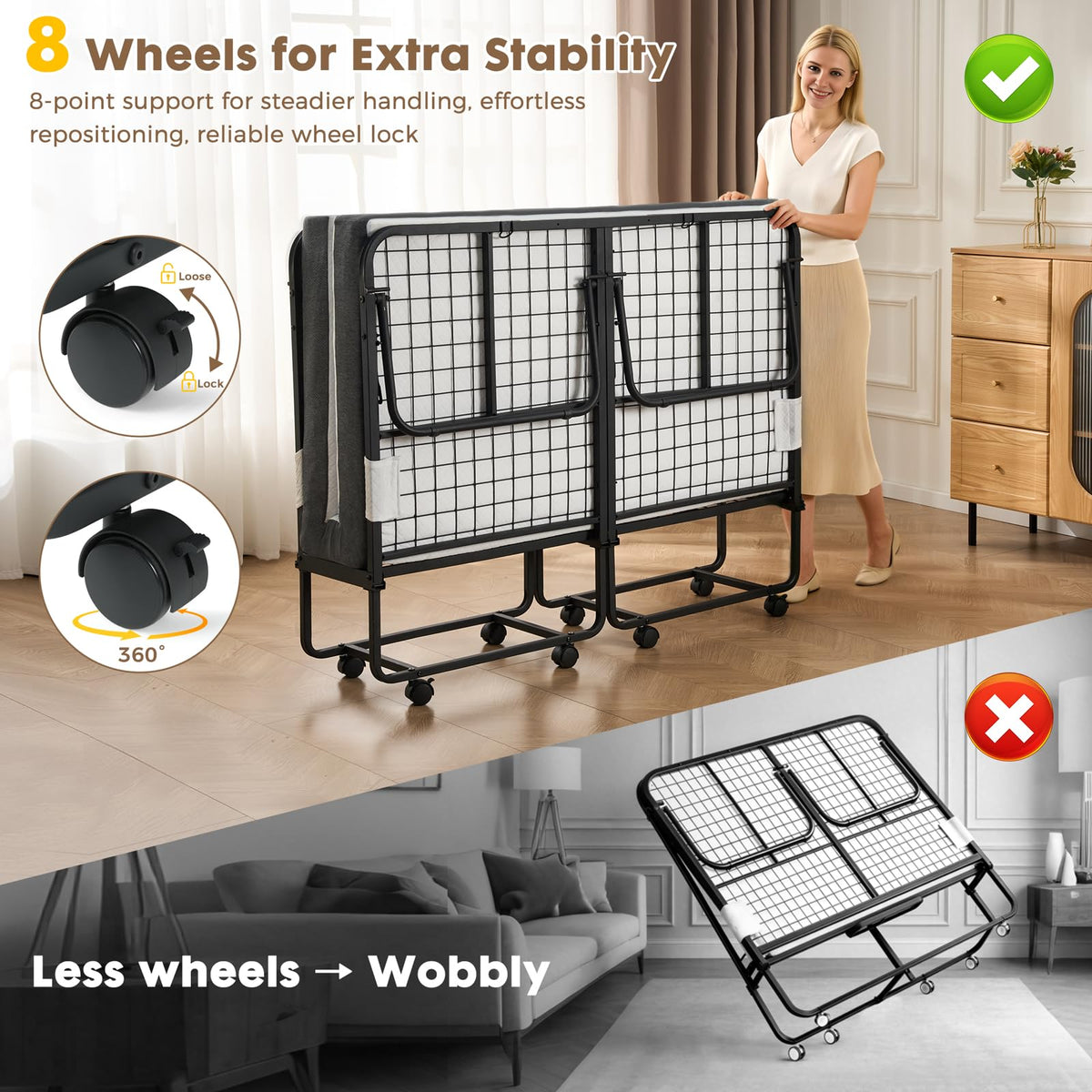 Folding Rollaway Guest Bed with 8 Casters and 6" Memory Foam Mattress H2501