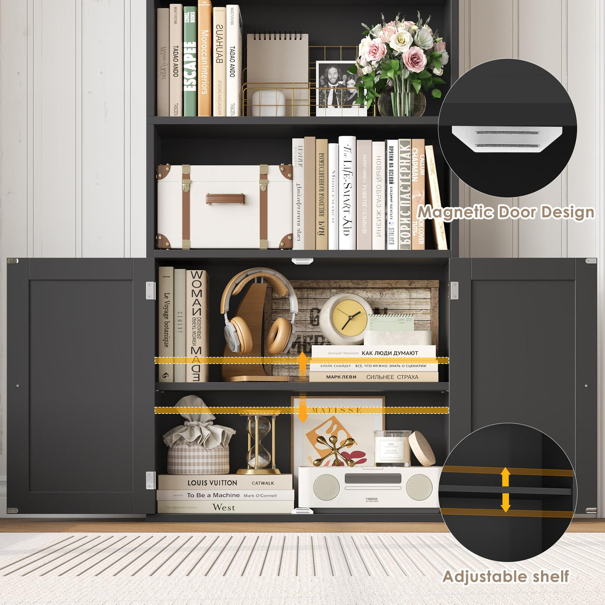 82" Tall Black Bookcase with Doors D3011
