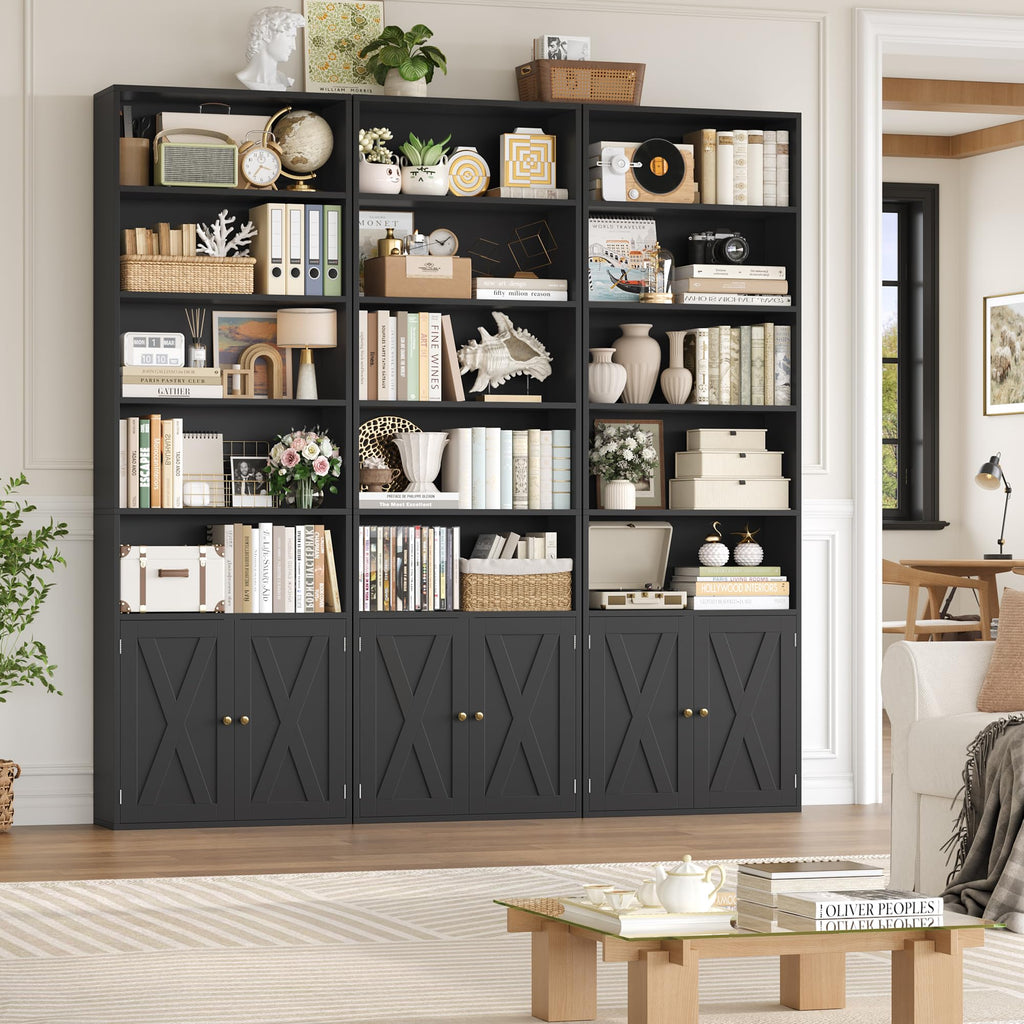 82" Tall Black Bookcase with Doors D3011