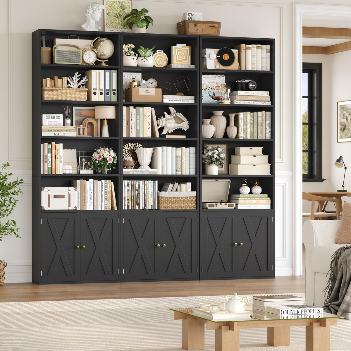 82" Tall Black Bookcase with Doors D3011