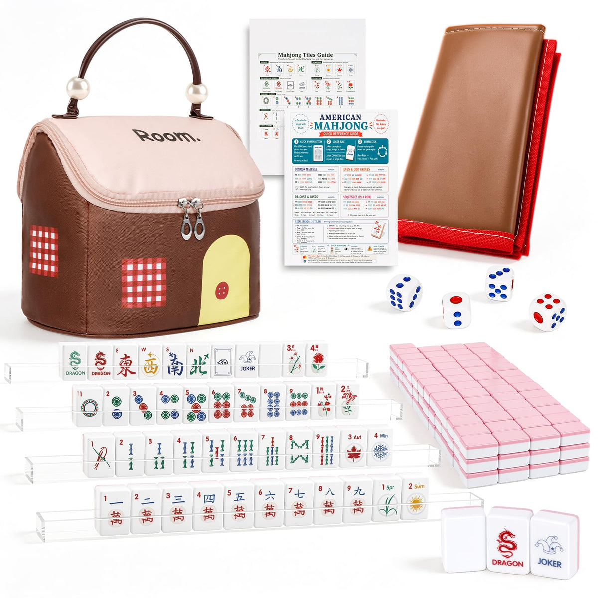 American Mahjong Set 166 Mini 0.8-Inch Tiles 4 Racks Pink F799