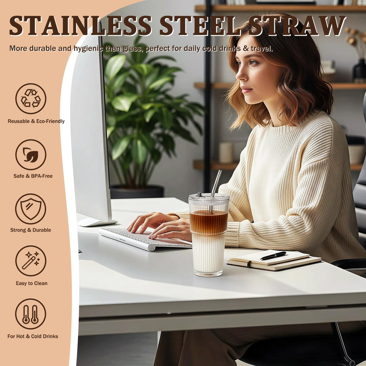 2 Packs Ribbed Glass Tumbler with Lid and Straw 16 oz U686