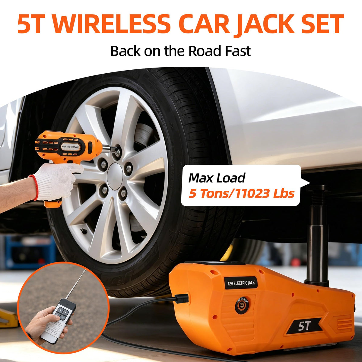 5 Ton 12V Electric Car Jack Kit with Impact Wrench and Tire Inflator Pump E7221