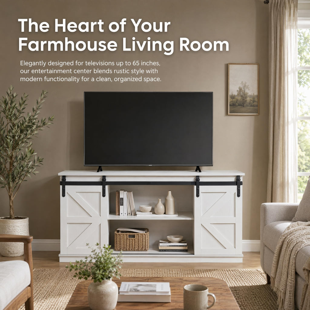 White TV Stand with Sliding Barn Doors Q10152