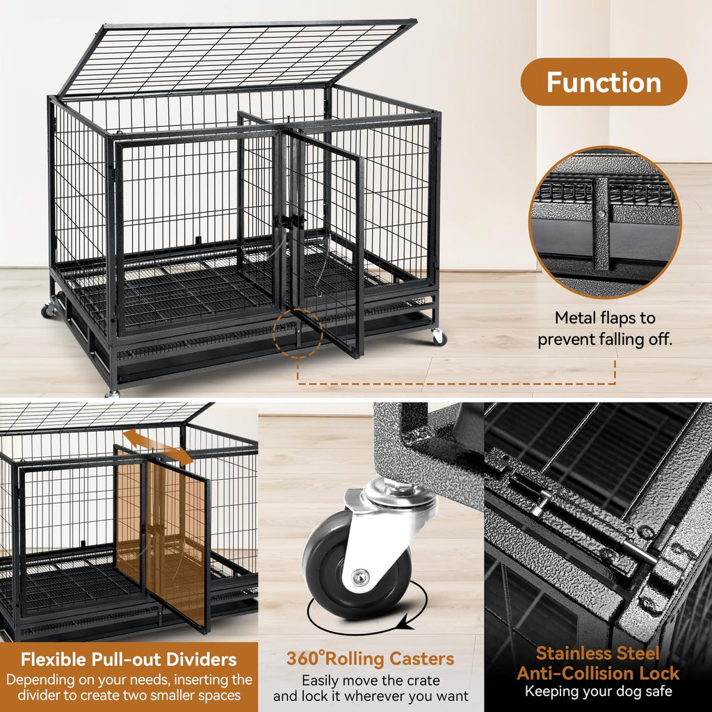 48 inch Large Wire Dog Crate with Lockable Wheels M7654