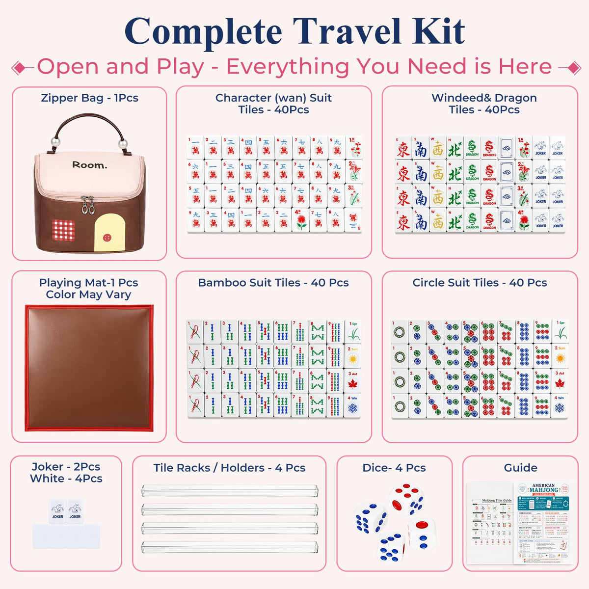 American Mahjong Set 166 Mini 0.8-Inch Tiles 4 Racks Pink F799