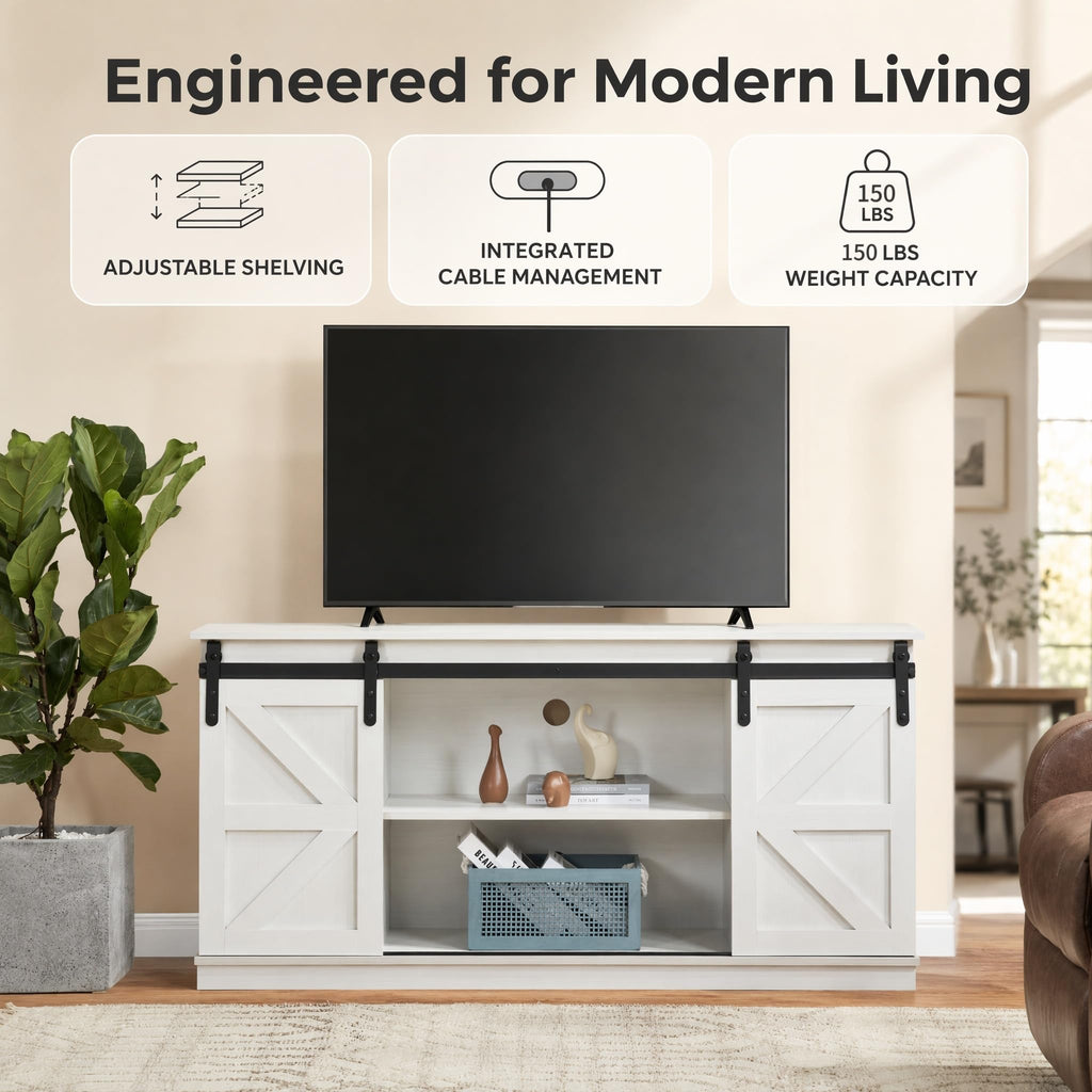 White TV Stand with Sliding Barn Doors Q10152