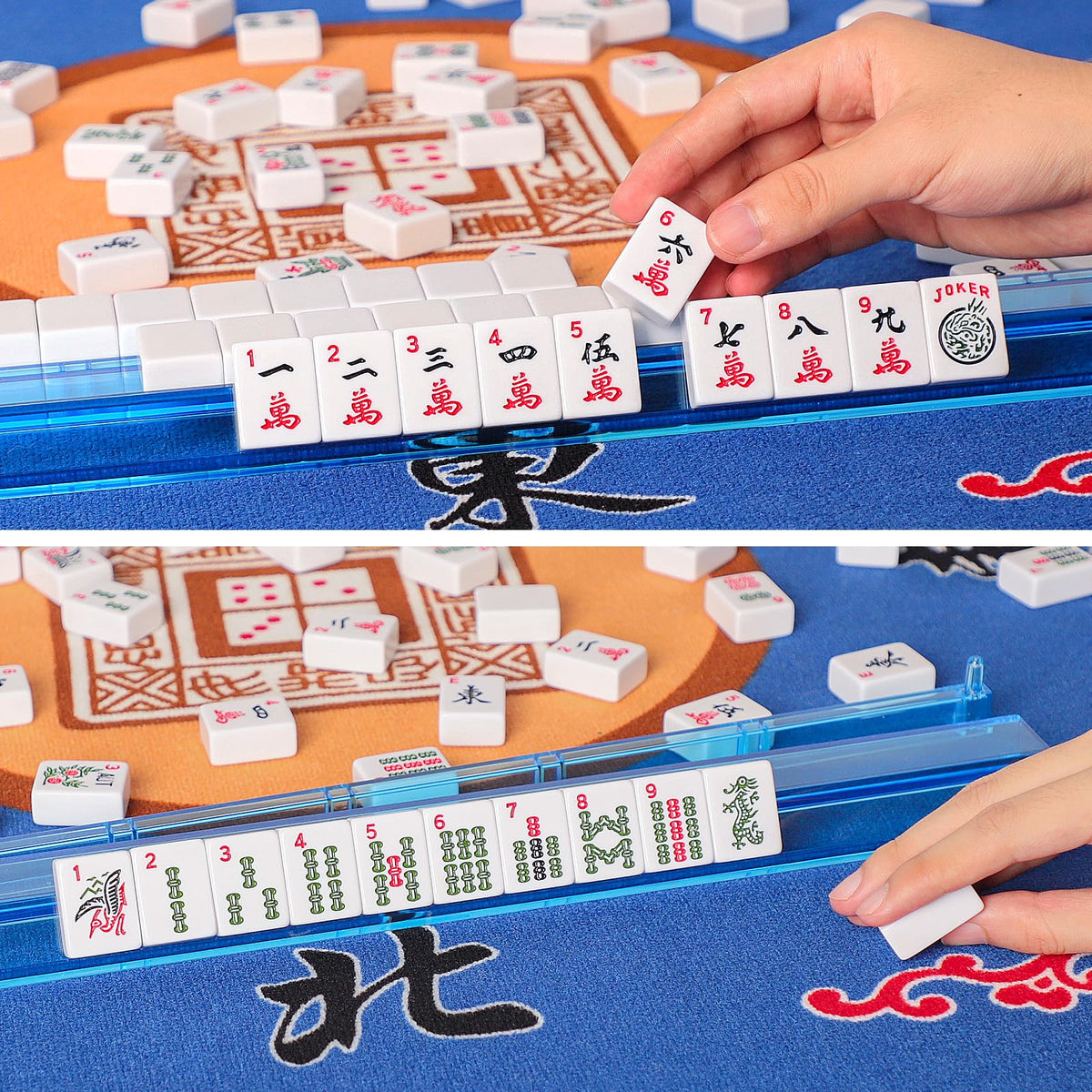 American Mahjong Game Set, 166 White Tiles, 4 Color Rack/Pushers, Blue Carrying Bag P300