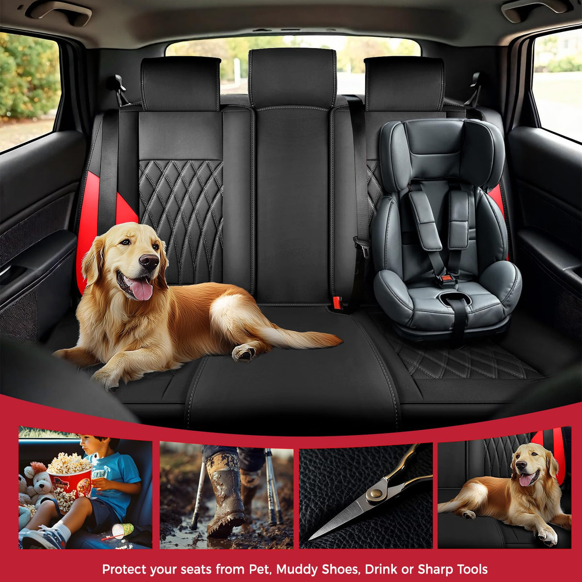 Car Seat Covers Full Set Faux Leather Black Red D117