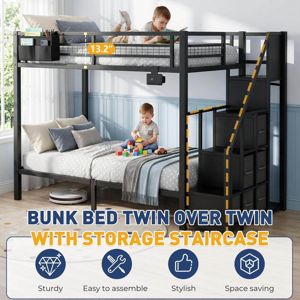 Black Metal Twin Over Twin Bunk Bed with Storage Stairs P50729