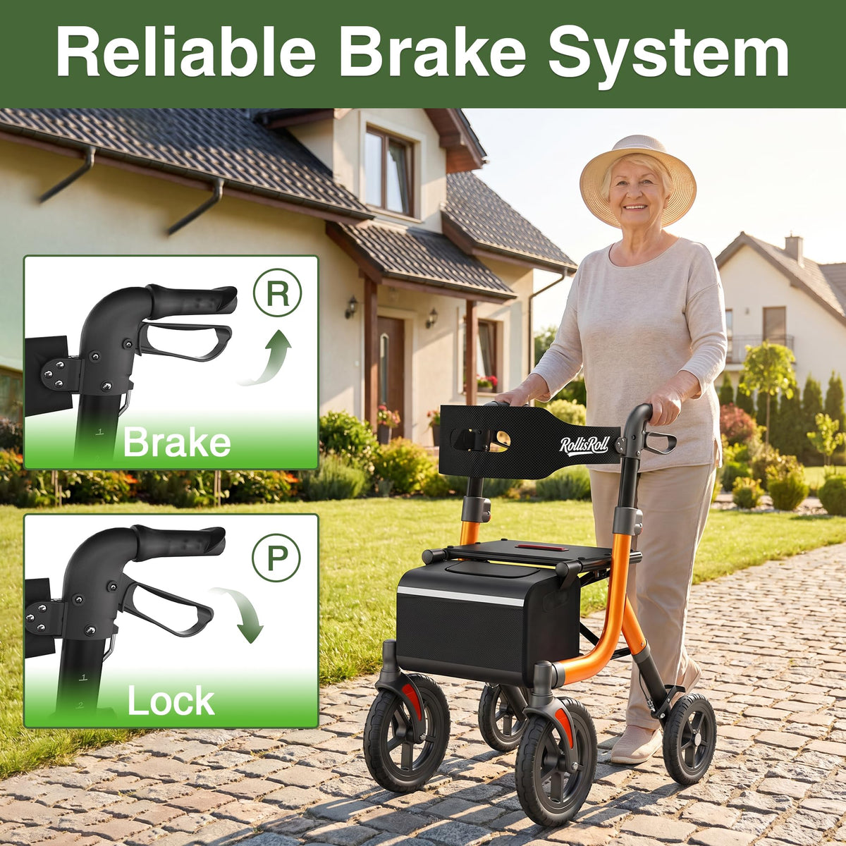 Orange Foldable All Terrain Rollator Walker with Seat T55997