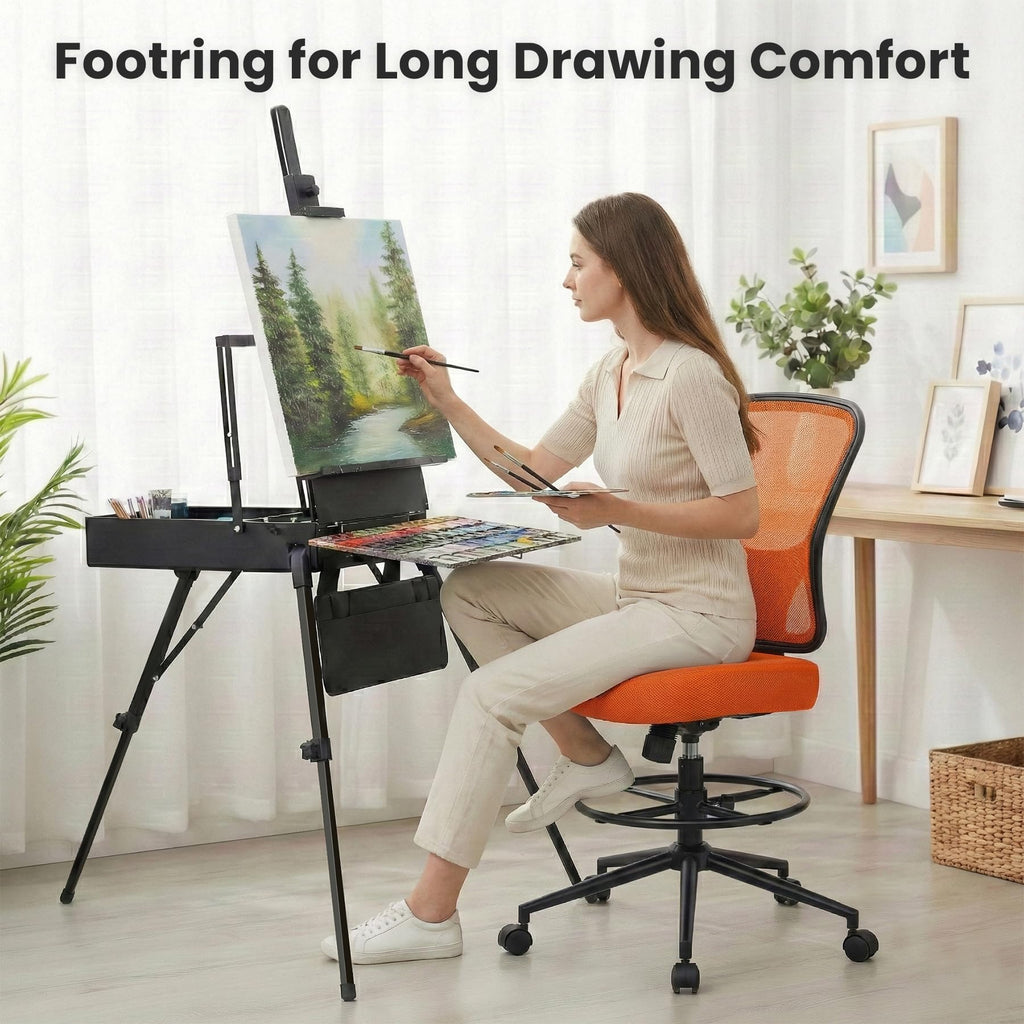 Armless Adjustable Height Mesh Drafting Chair with Foot Ring & Wheels M52067