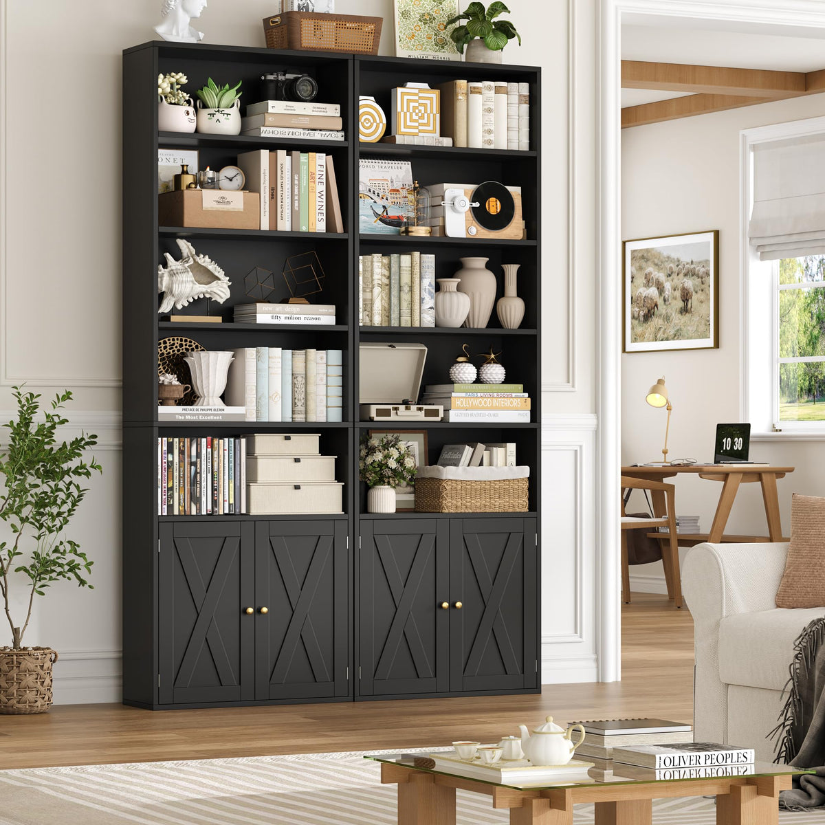 82" Tall Black Bookcase with Doors D3011