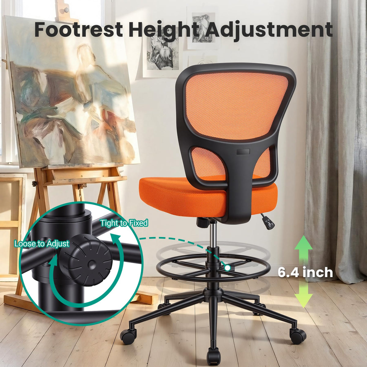 Armless Adjustable Height Mesh Drafting Chair with Foot Ring & Wheels M52067