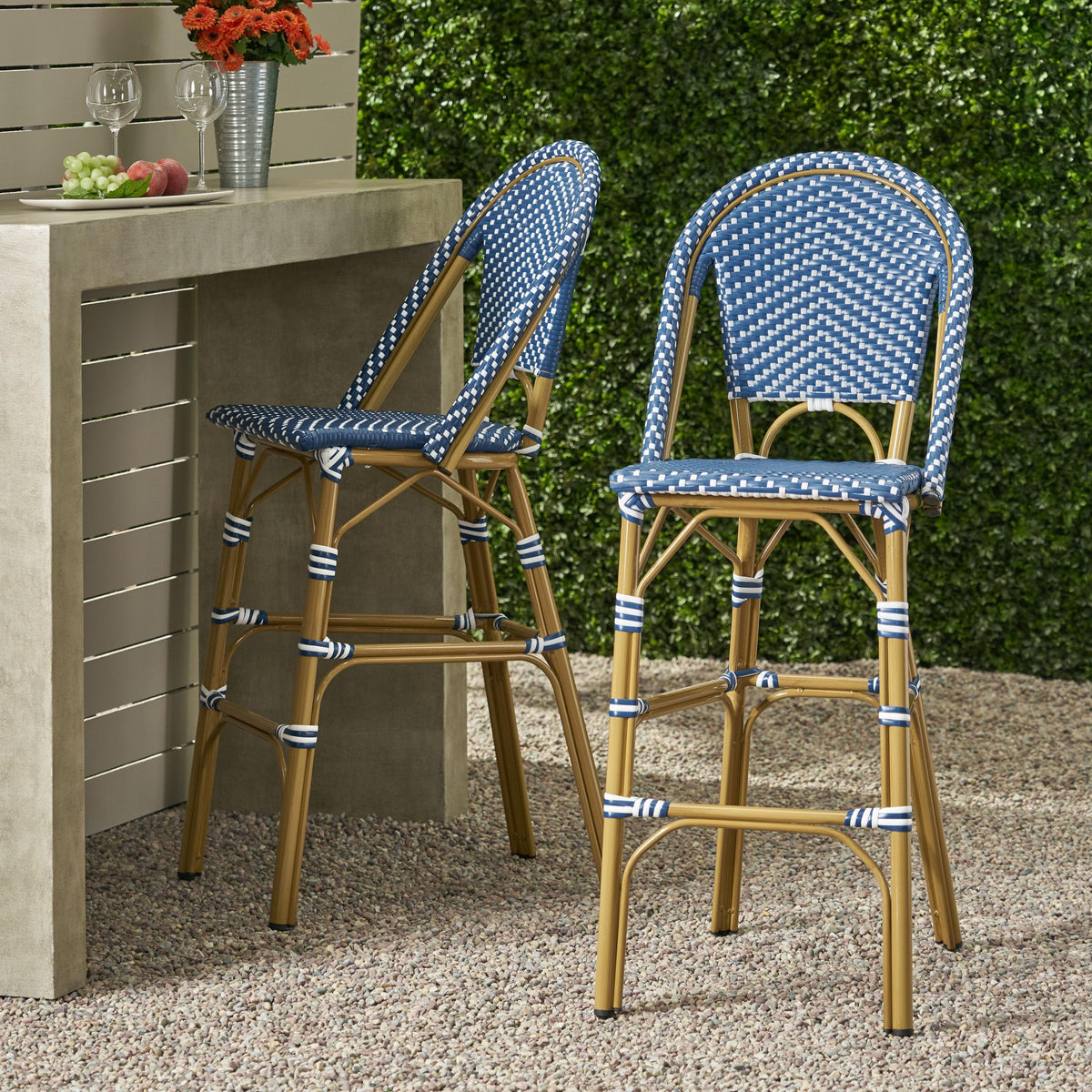 29.5" Outdoor PE Rattan Bar Stool, Dark Teal and White, Set of 2 C40327