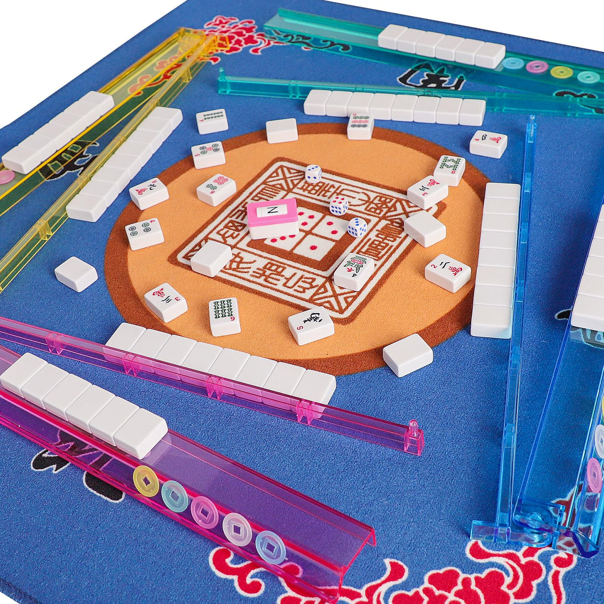 American Mahjong Game Set, 166 White Tiles, 4 Color Rack/Pushers, Blue Carrying Bag P300
