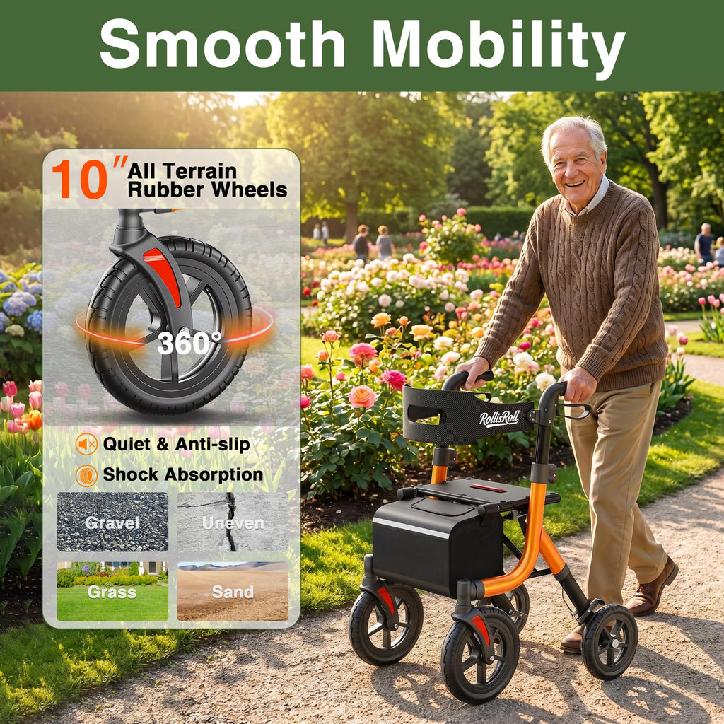 Orange Foldable All Terrain Rollator Walker with Seat T55997