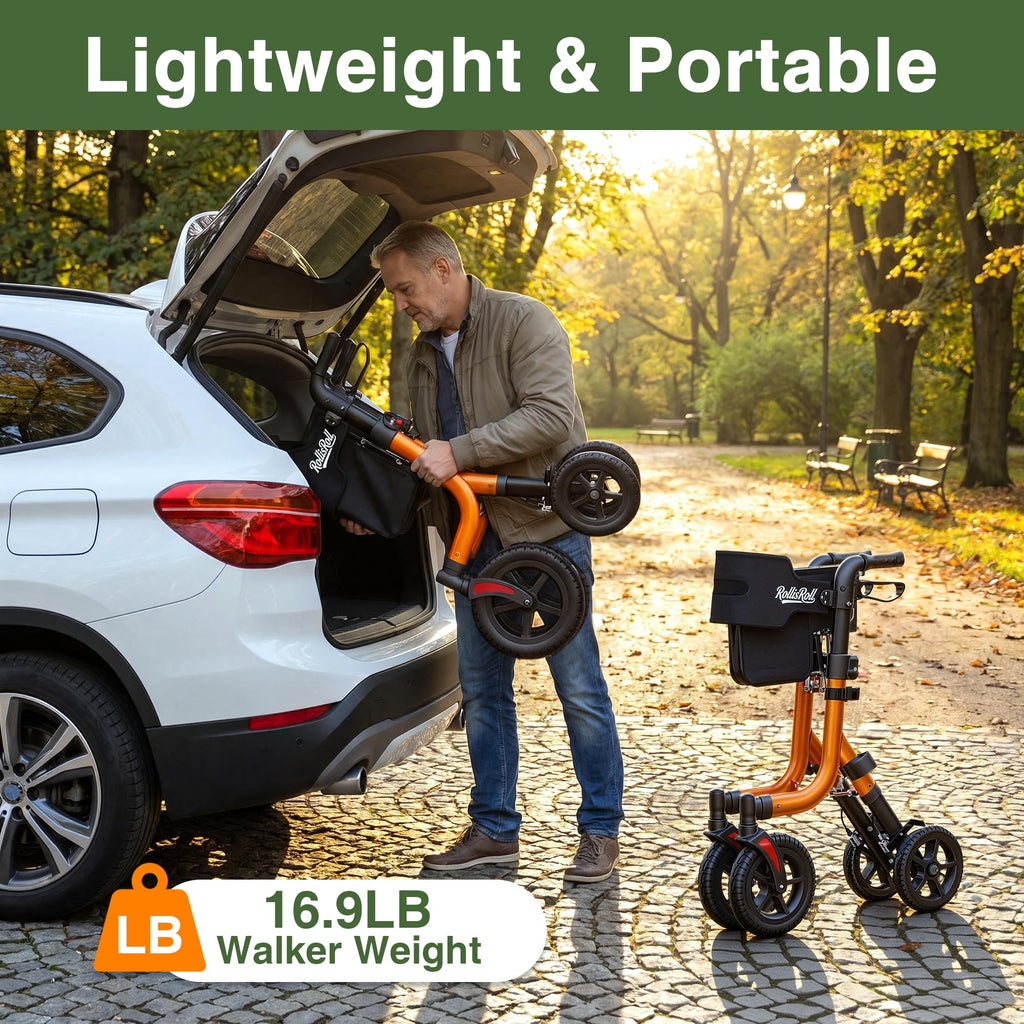 Orange Foldable All Terrain Rollator Walker with Seat T55997