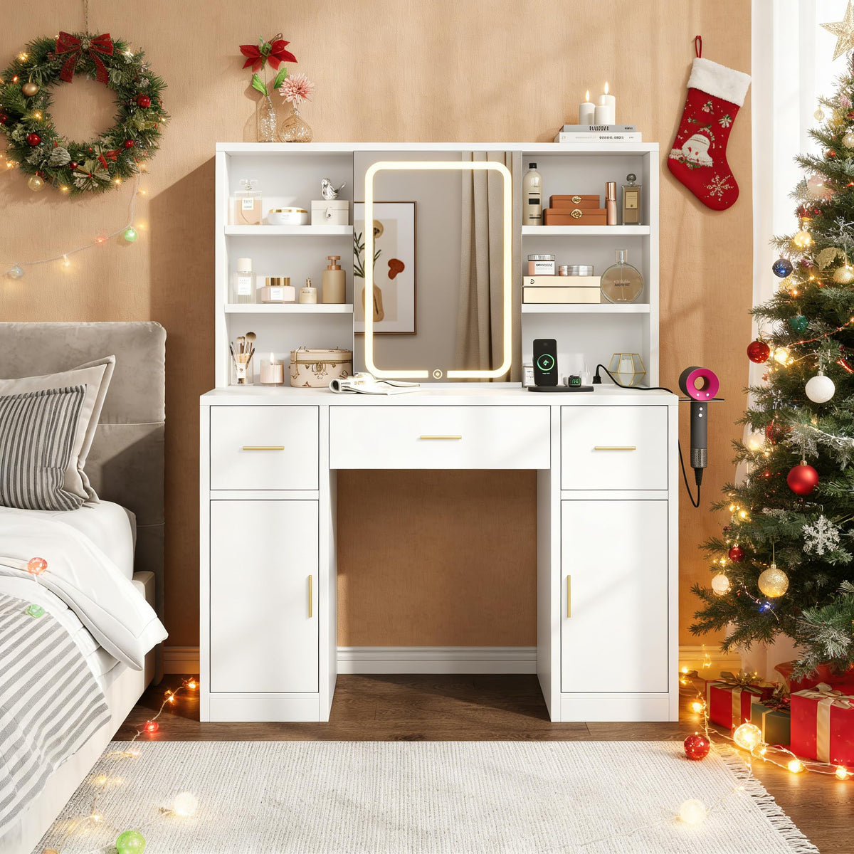 White Vanity Desk with Sliding Mirror and LED Lights N355579