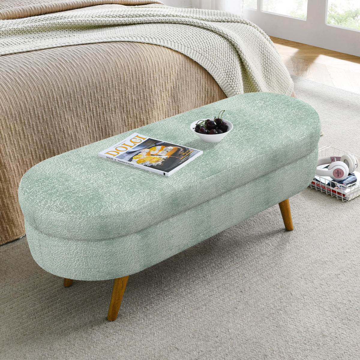 Oval Storage Bench with Rubber Wood Legs Gray H735195