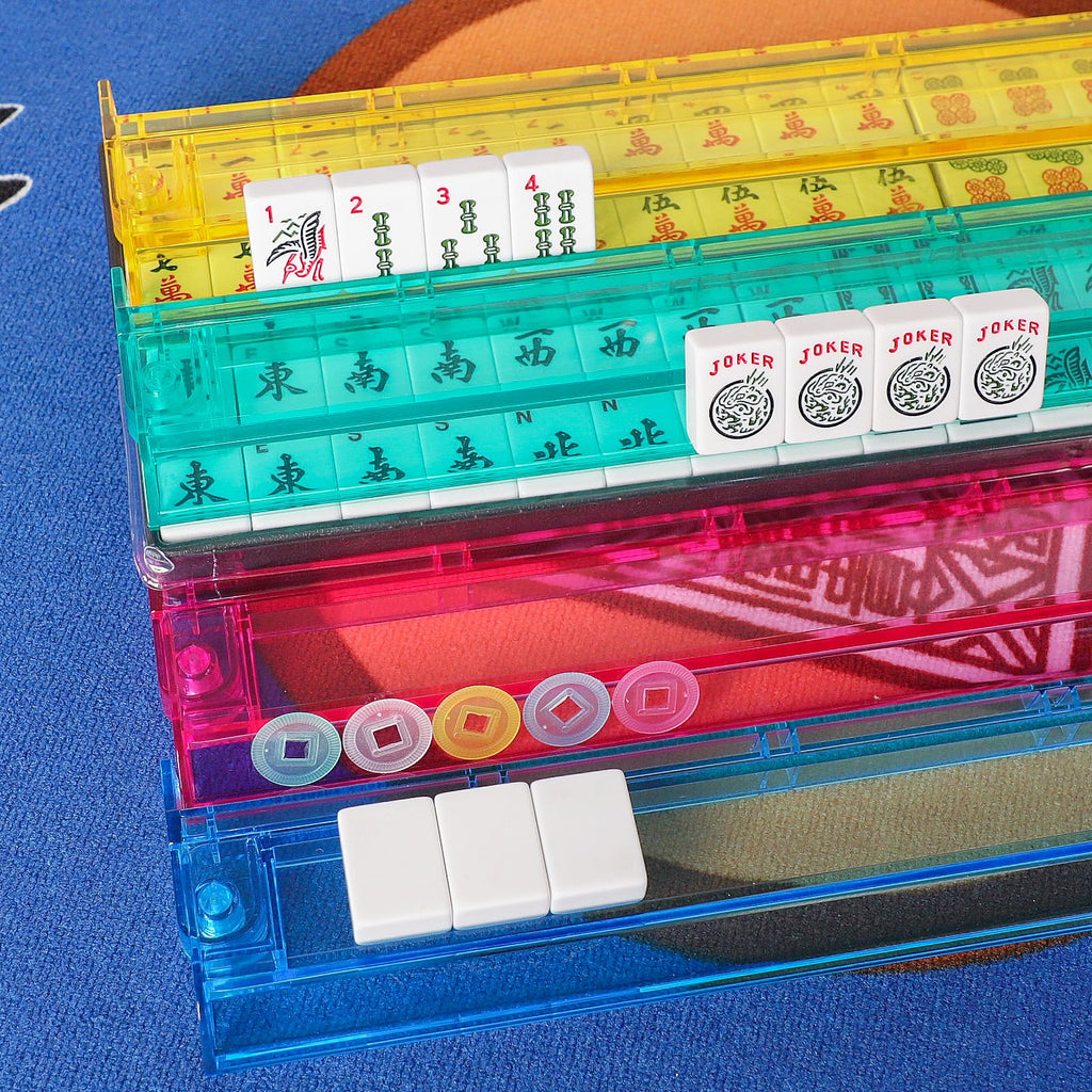American Mahjong Game Set, 166 White Tiles, 4 Color Rack/Pushers, Blue Carrying Bag P300