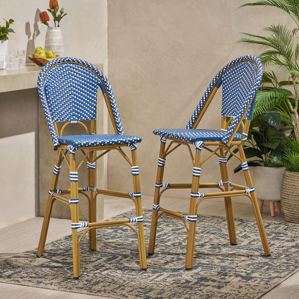 29.5" Outdoor PE Rattan Bar Stool, Dark Teal and White, Set of 2 C40327