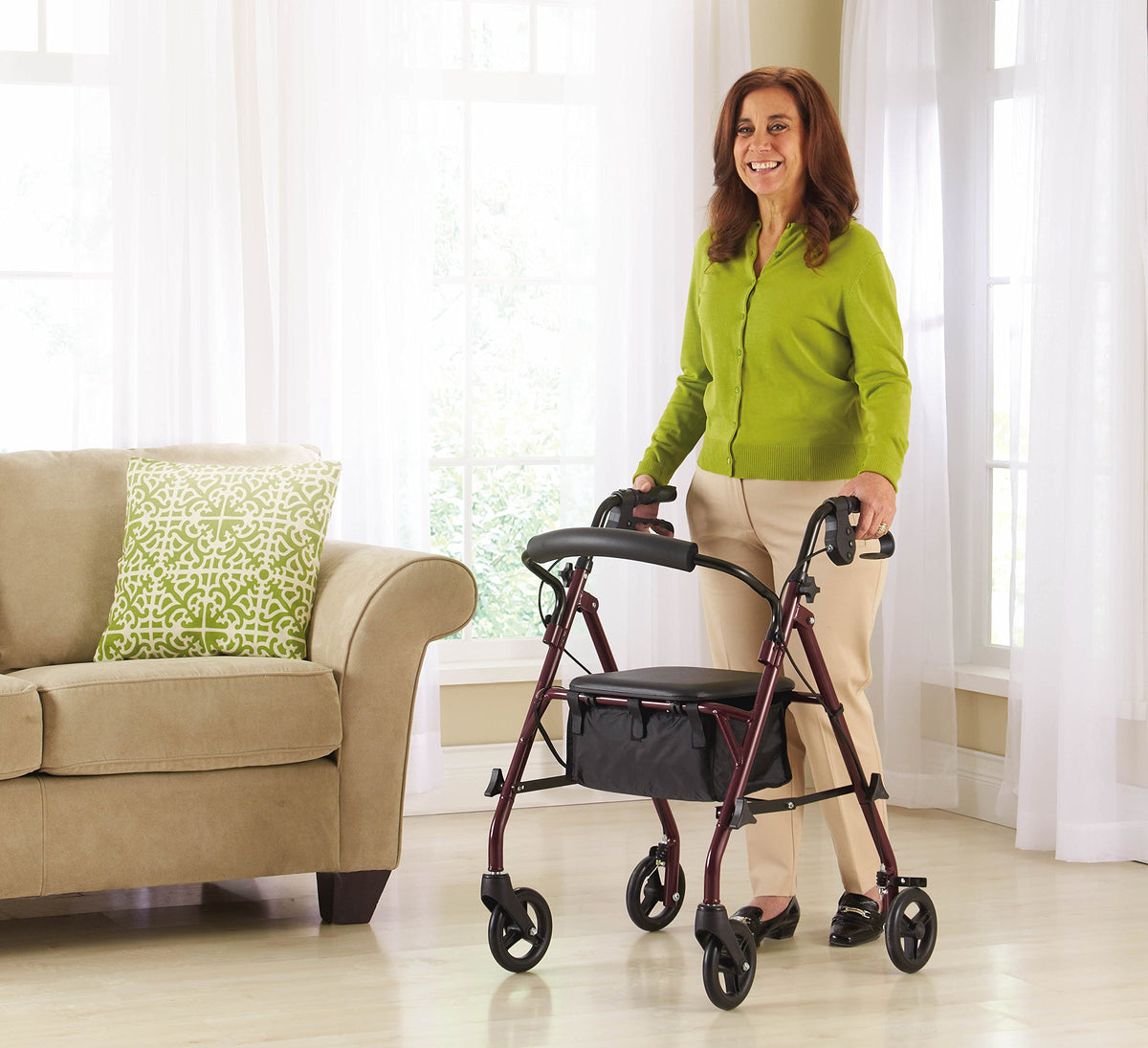 Steel Rollator Walker with Seat, Burgundy, 350 lb. Weight Capacity W4454