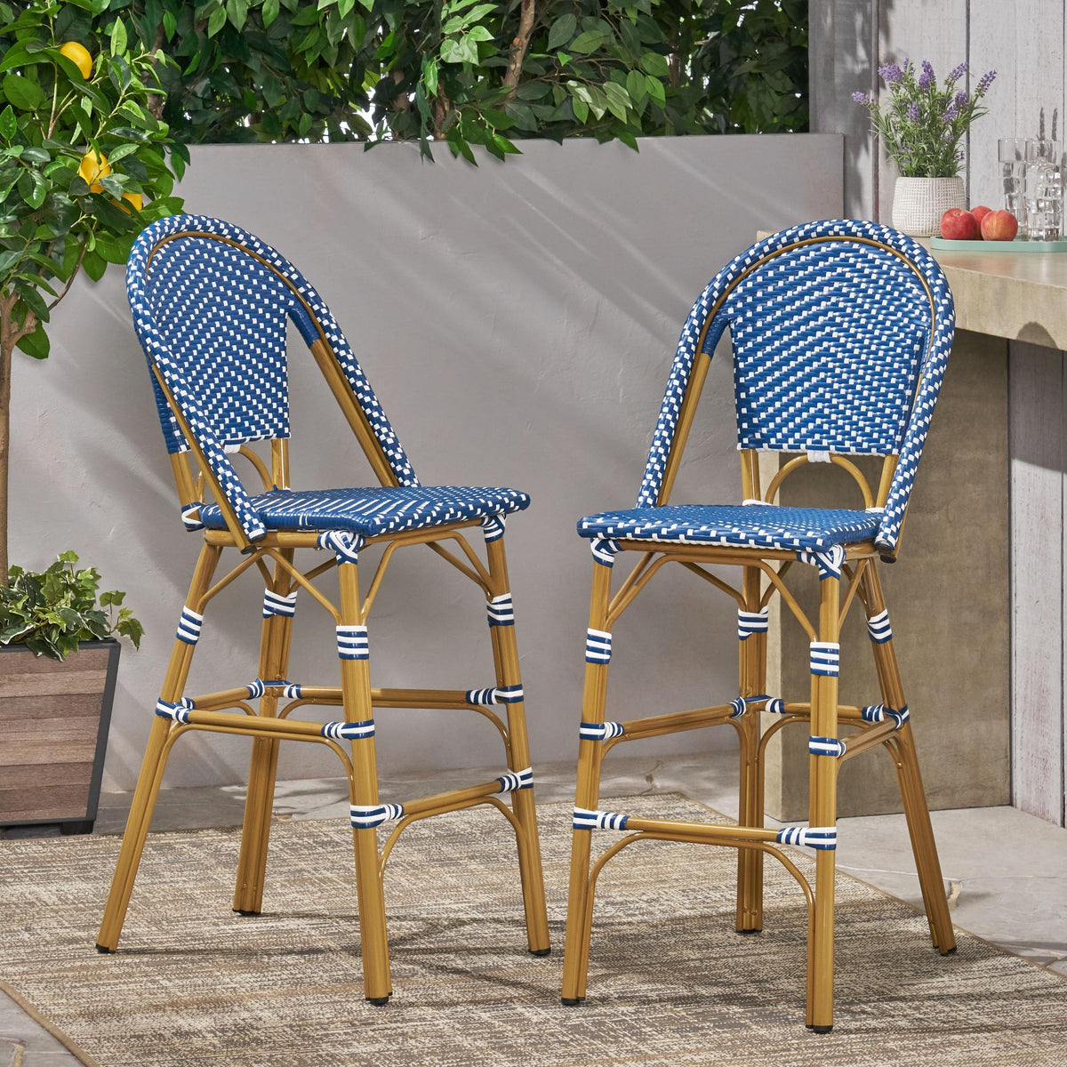 29.5" Outdoor PE Rattan Bar Stool, Dark Teal and White, Set of 2 C40327